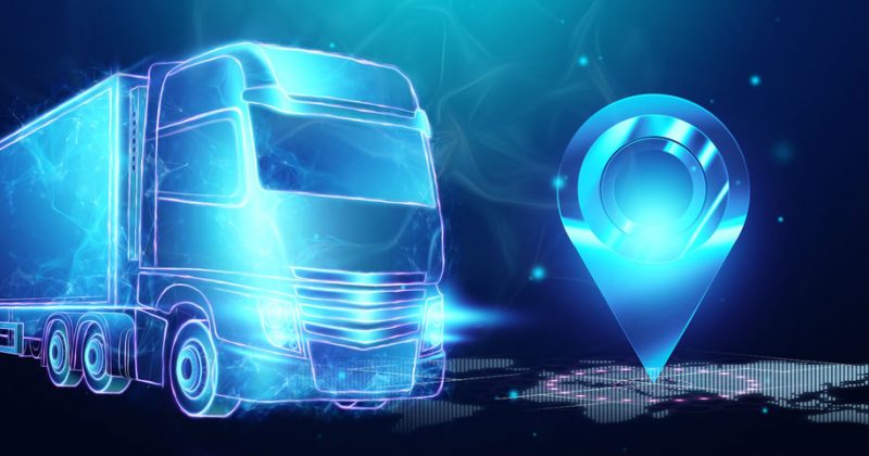 Truck hologram and world map on blue background. Parcel tracking applications, online cargo delivery service, logistics. 3D illustration, 3D render.